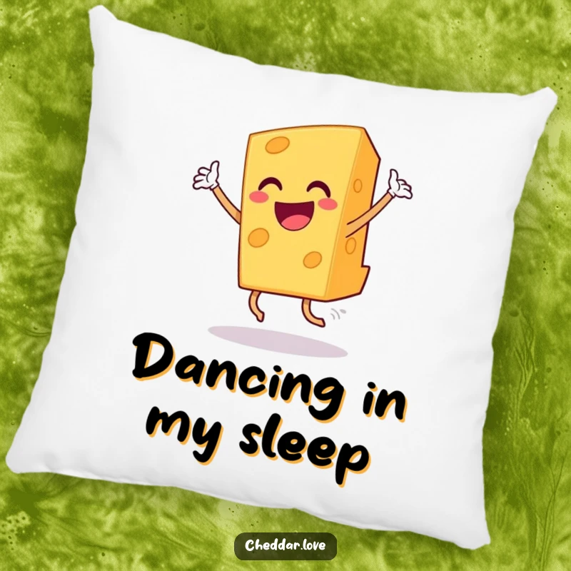 Funny grinning cheddar cheese slice dancing triumphantly, a soft and humorous decorative pillow.