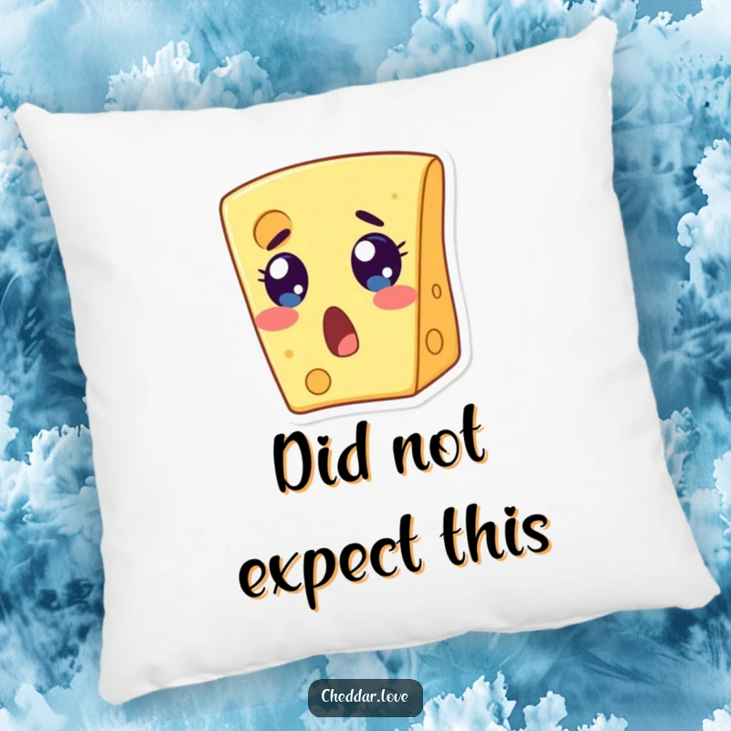 Funny pillow with a wide-eyed, open-mouthed cheese slice in a humorous state of surprise. A fun funny gift.