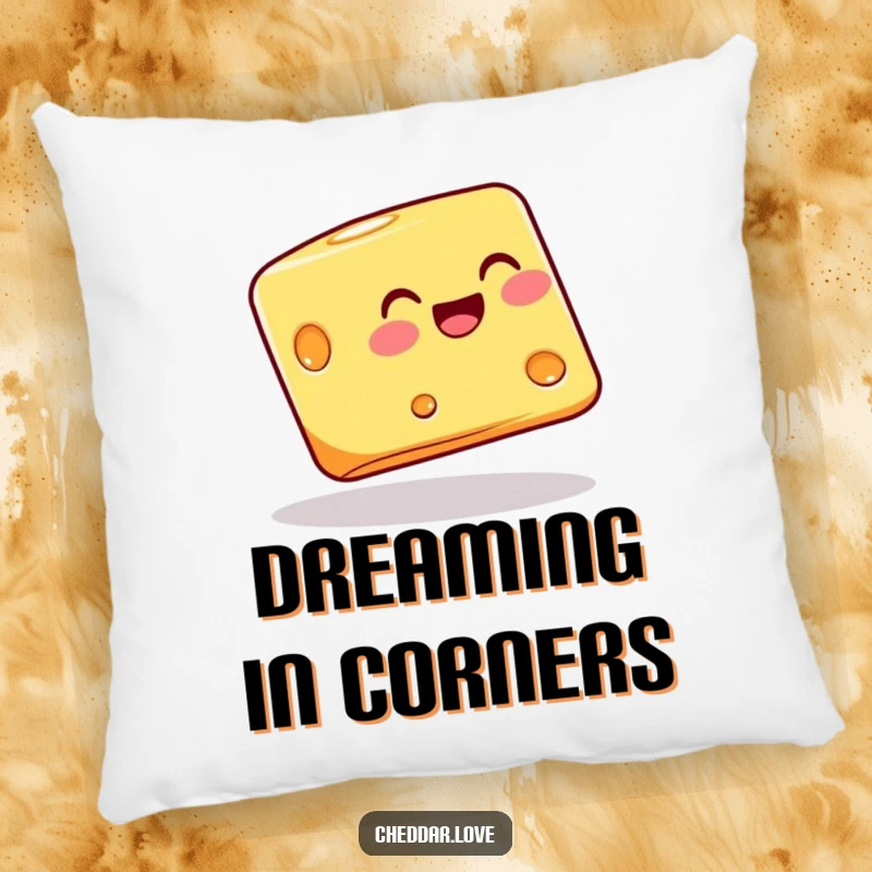 Funny cheese block joyfully balancing on its corner, on a pillow, offering plush comfort and humorous stability.