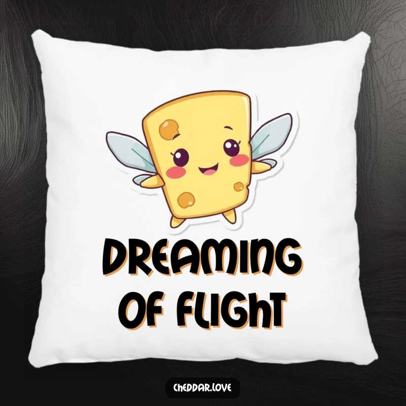 Funny pillow featuring a smiling cheese character awkwardly flying with cracker wings, offering soft humor and comfort.