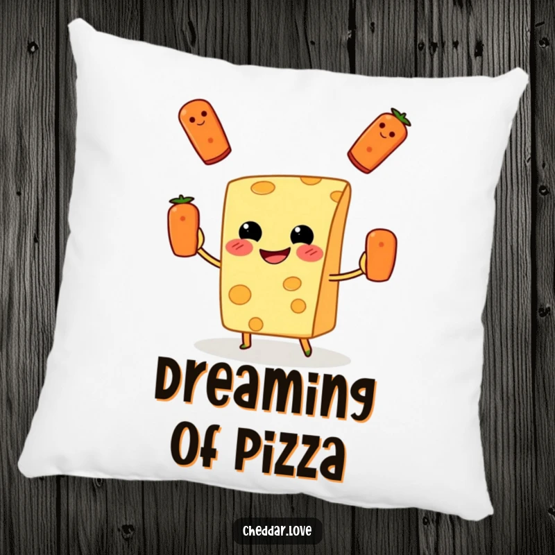 Funny Pillow: A grinning cheese slice juggles pepperoni, bringing edible fun and humor to soft furnishings.
