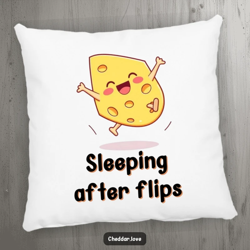 Funny Cheddar Cheese Pillow, a piece doing a joyful cartwheel, offering plush comfort and humorous charm.