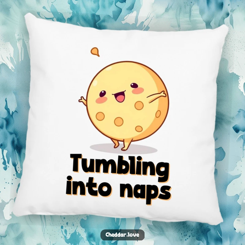 Funny pillow: A round of cheese does a cartwheel, a soft and humorous decorative item.
