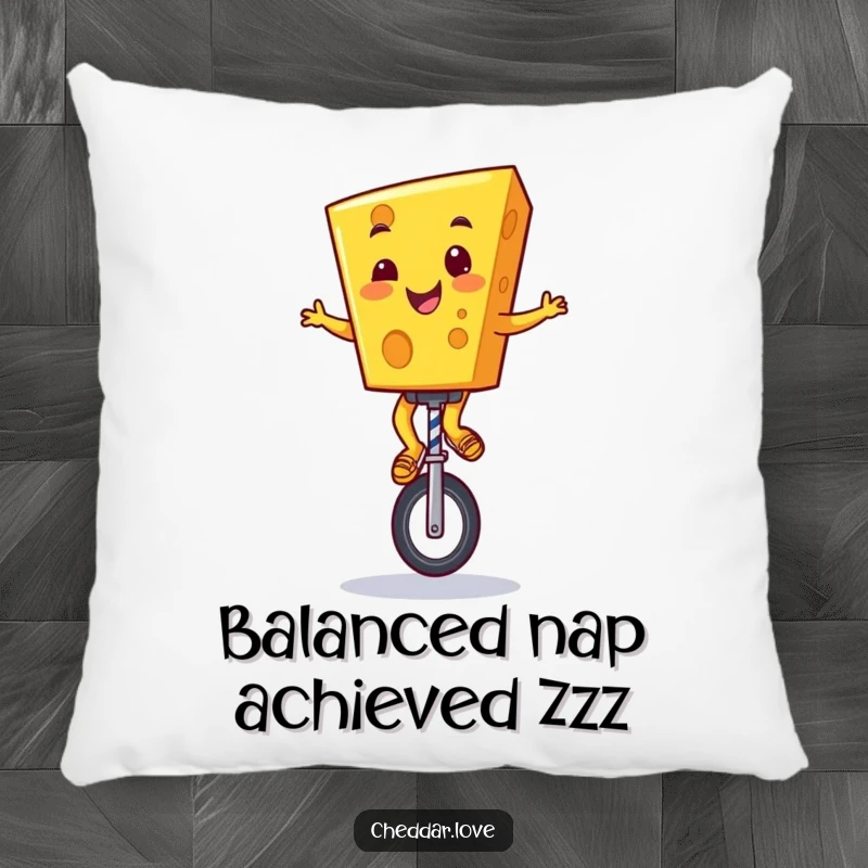 Funny Cheddar Cheese Pillow: A happy cartoon cheese character grinning while balancing on a unicycle, adding humor to your decor.