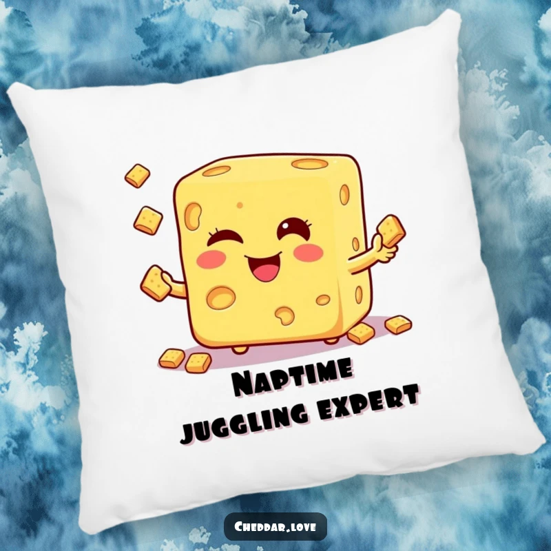 Funny pillow with a winking cheese cube juggling crackers, designed to bring comfort and a smile.