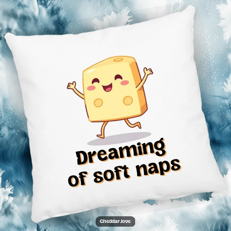 Funny wedge of cheese dancing joyfully on a soft pillow, perfect for a funny gift.