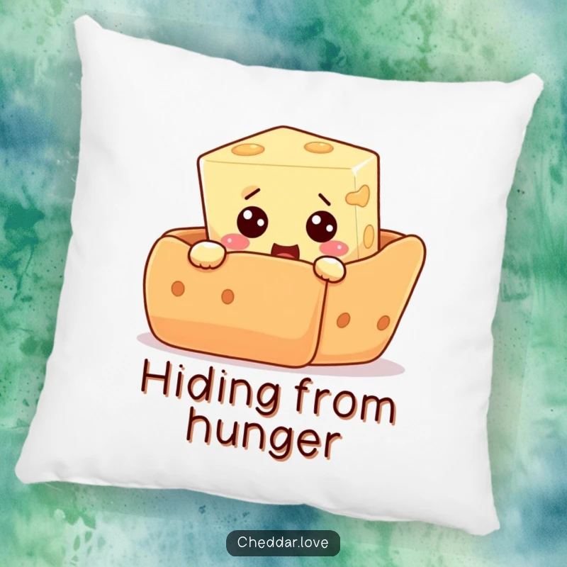 Funny pillow featuring a curious cheese cube peeking from behind a giant cracker, expressing comical surprise and a love for snacks.