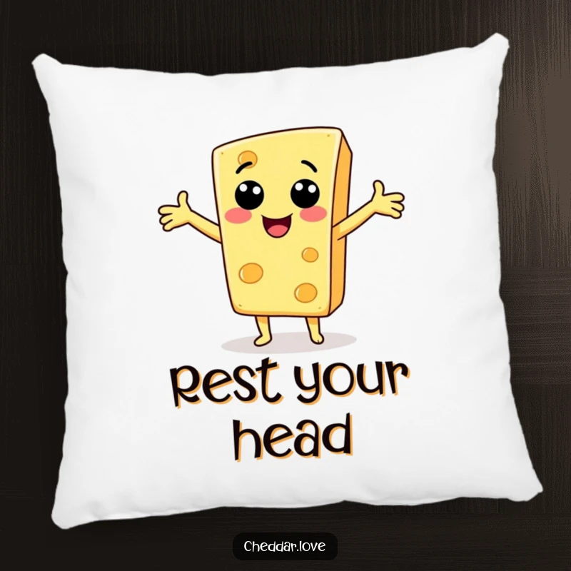 Funny Pillow: A soft cushion featuring a smiling cheese slice with outstretched arms, perfect for cozy welcomes.