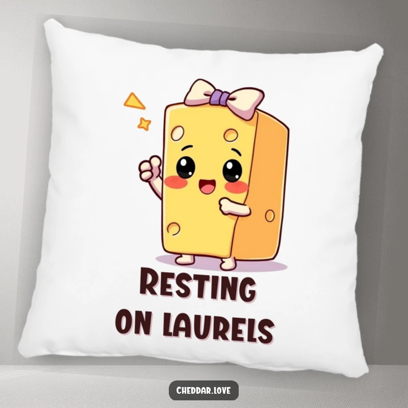 Funny Pillow: A block of cheese takes a triumphant bow after a trick, bringing performance humor to soft furnishings.