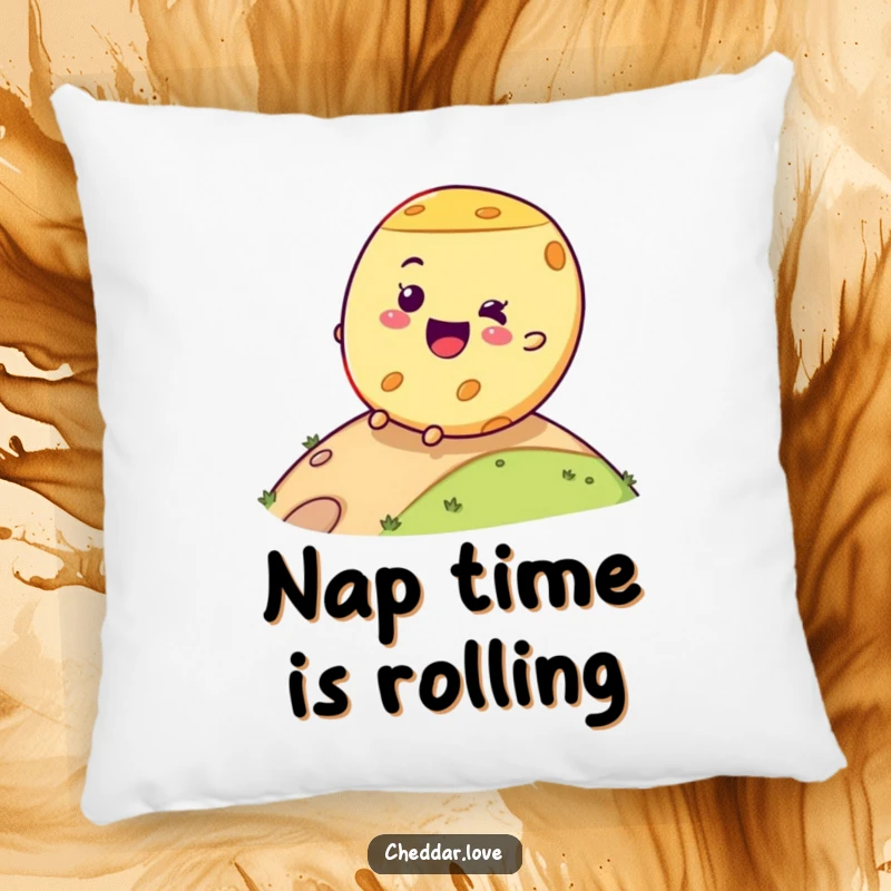 Funny cheese wheel pillow with a joyful rolling expression, offering comfort and a humorous, cheesy accent to any room.