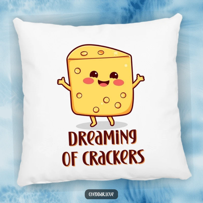Funny smiling wedge of cheddar cheese doing a happy dance, a soft humorous pillow for ultimate comfort and fun.