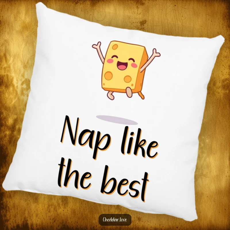 Funny pillow with a cheerful cheese block mid-leap, radiating happiness and comfort. An ideal funny gift for a cozy space.