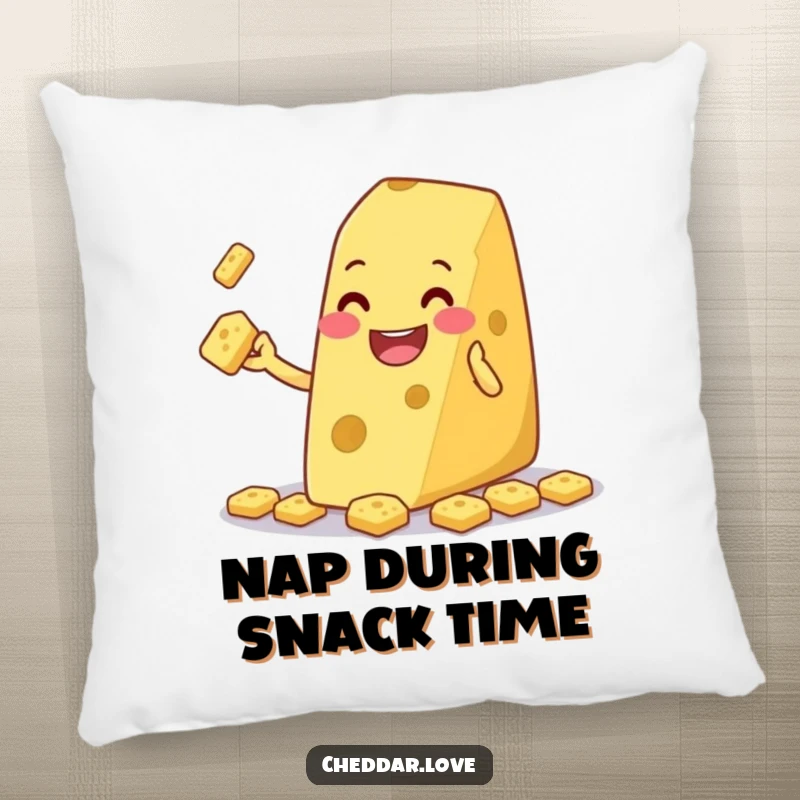 Funny cheese wedge grinning and juggling tiny crackers, on a pillow, providing plush comfort and playful humor.