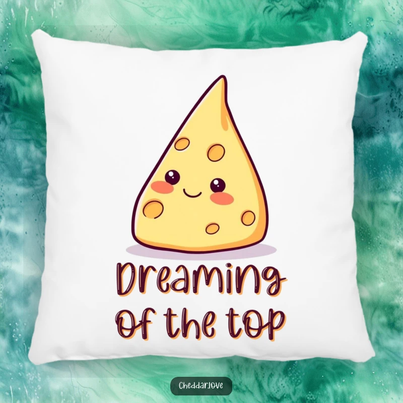 Funny smiling cheese wedge pillow, pointing upwards, soft and comforting, perfect for inspiring big dreams.