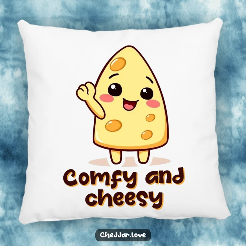 Funny cheese character doing a cheerful wave with a raised corner, on a soft cheese pillow, an amusing gift.