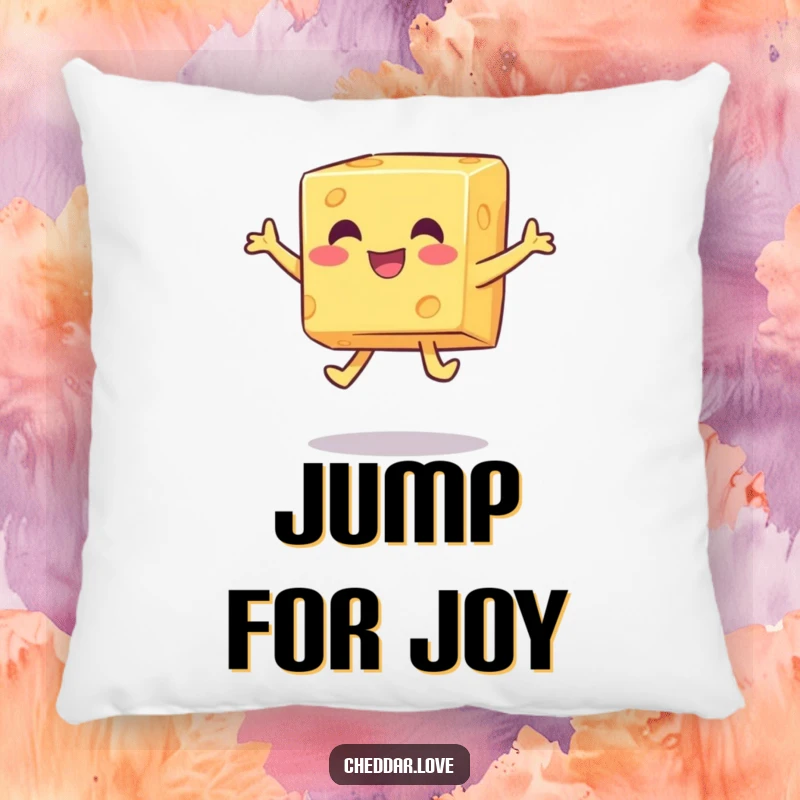 Funny happy cheese cube performing a playful jump, a soft and funny pillow.