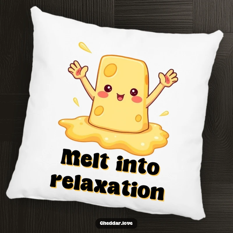 Funny pillow with a melted cheese puddle waving enthusiastically, perfect for adding comfort and a cheerful touch.