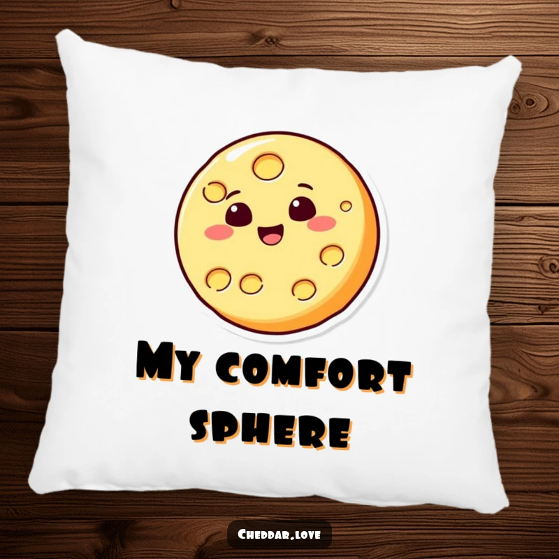 Funny cheese pillow with a round cheese slice character energetically bouncing, offering comfort and a touch of cheesy humor.