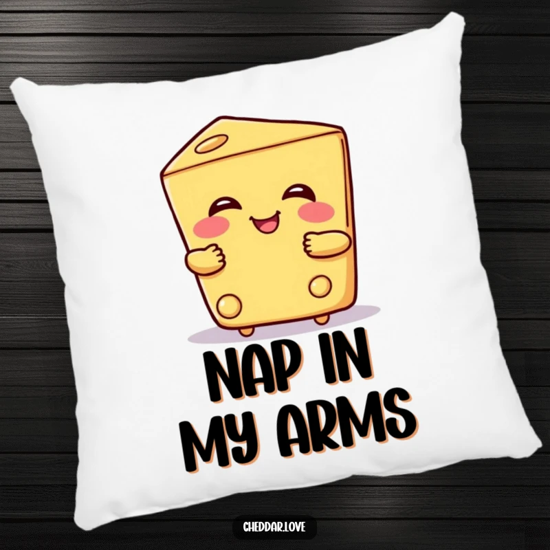 Funny pillow with a smiling wedge of cheese offering a warm hug, designed for comfort and a touch of cheesy delight.