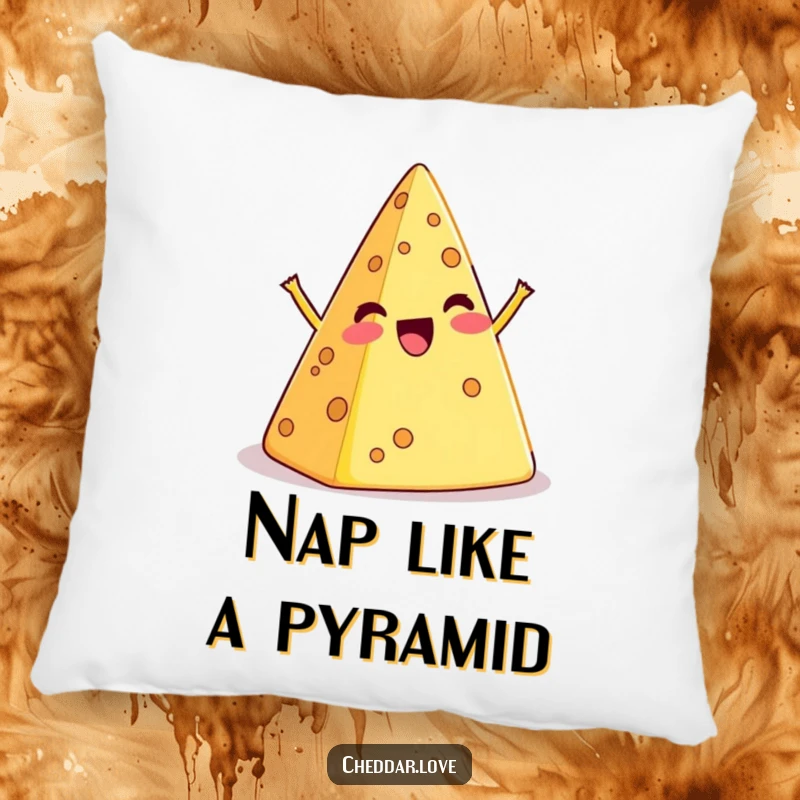 Funny pillow with a cartoon cheese pyramid engaged in a comical, exaggerated wobble, providing cozy humor.