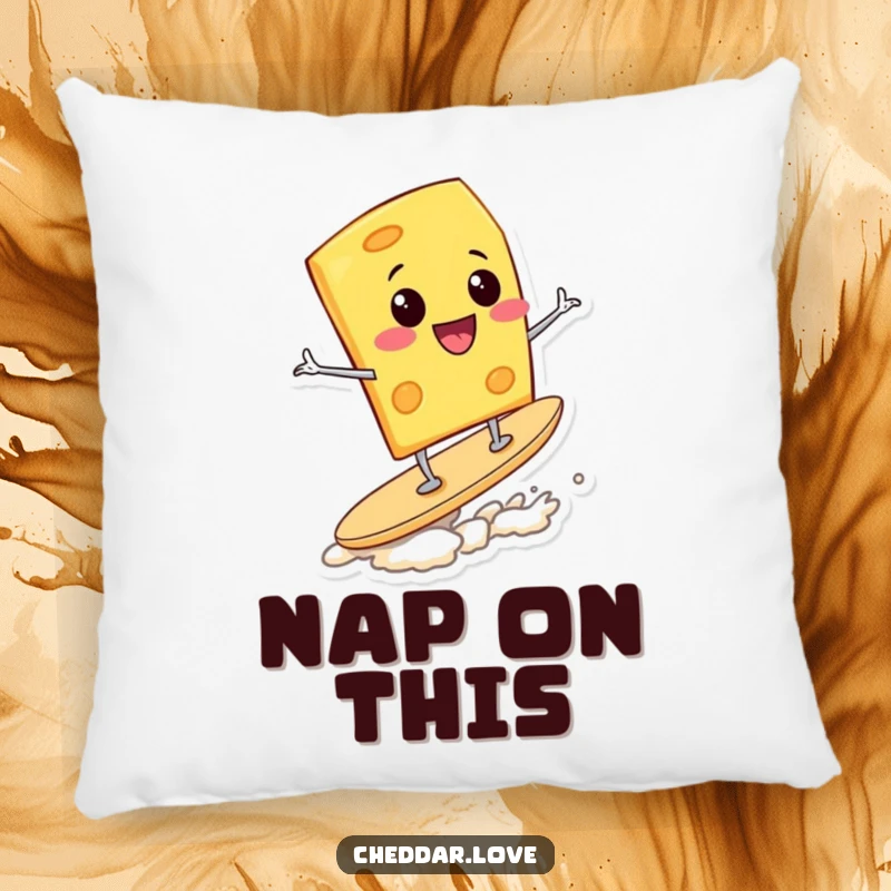 Funny Pillow: A happy cheese wedge surfs with glee on a potato chip, adding a humorous touch to this cozy cushion.