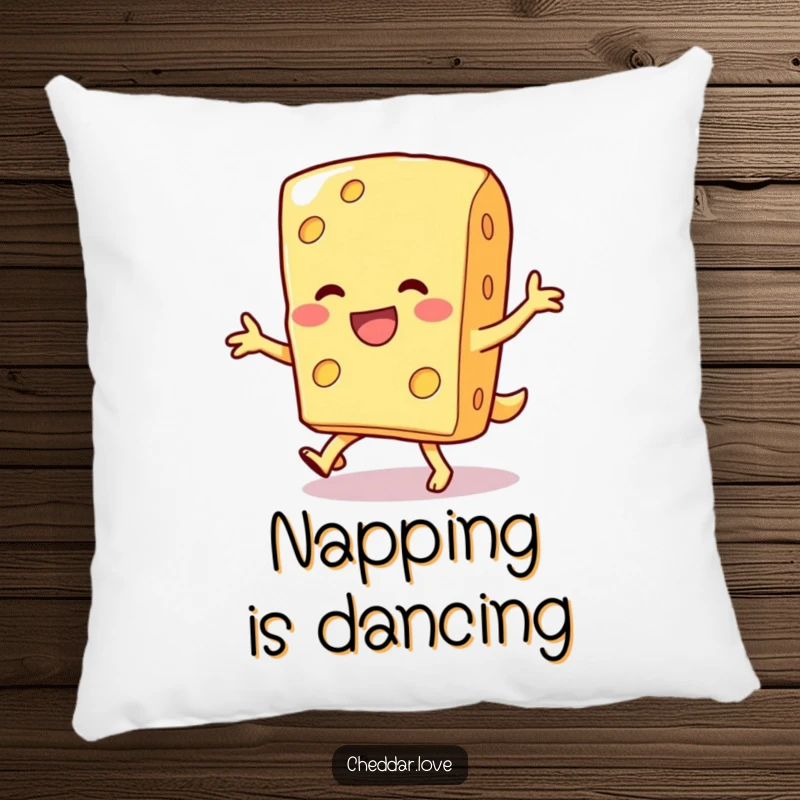 Funny pillow featuring a smiling cheese wedge doing a silly dance, adding soft humor and charm.