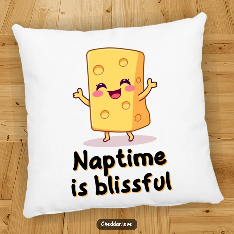 Funny pillow featuring a smiling wedge of cheddar cheese doing a joyful little dance, offering soft humor and cheer.