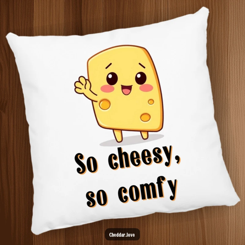 Funny pillow: A wedge of cheese waves enthusiastically, a soft and humorous decorative item.