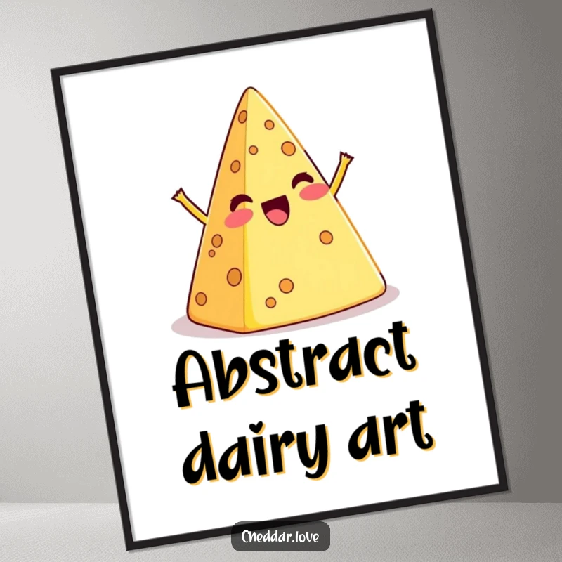 Funny digital art print of a cartoon cheese pyramid in an exaggerated, playful wobble, ready to frame.