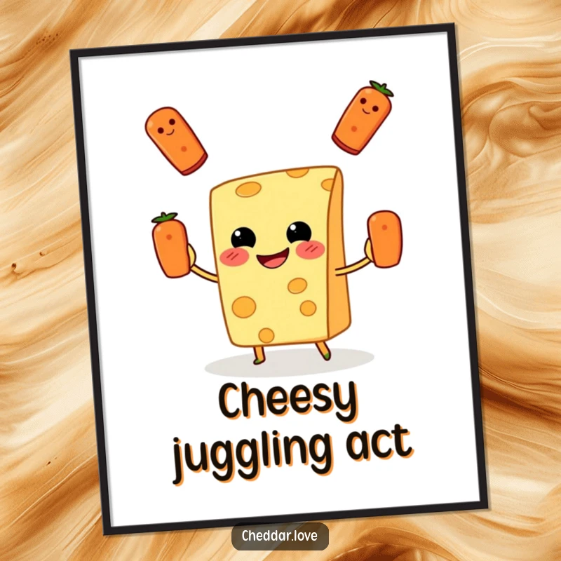 Funny Digital Art: A grinning cheese slice gleefully juggles pepperoni, depicting playful food-related action.