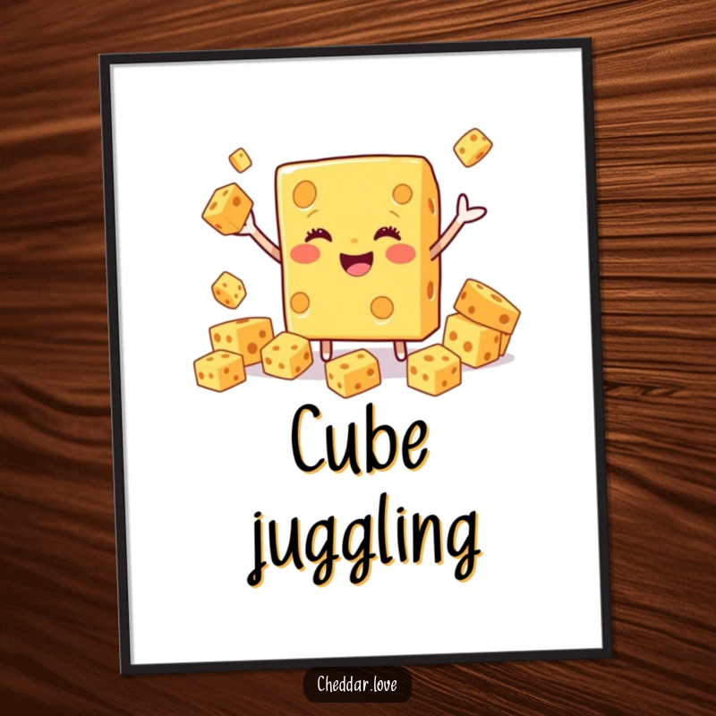 Funny Cheddar Cheese Digital Art Print, a smiling block juggling cubes, bringing instant joy and humor.
