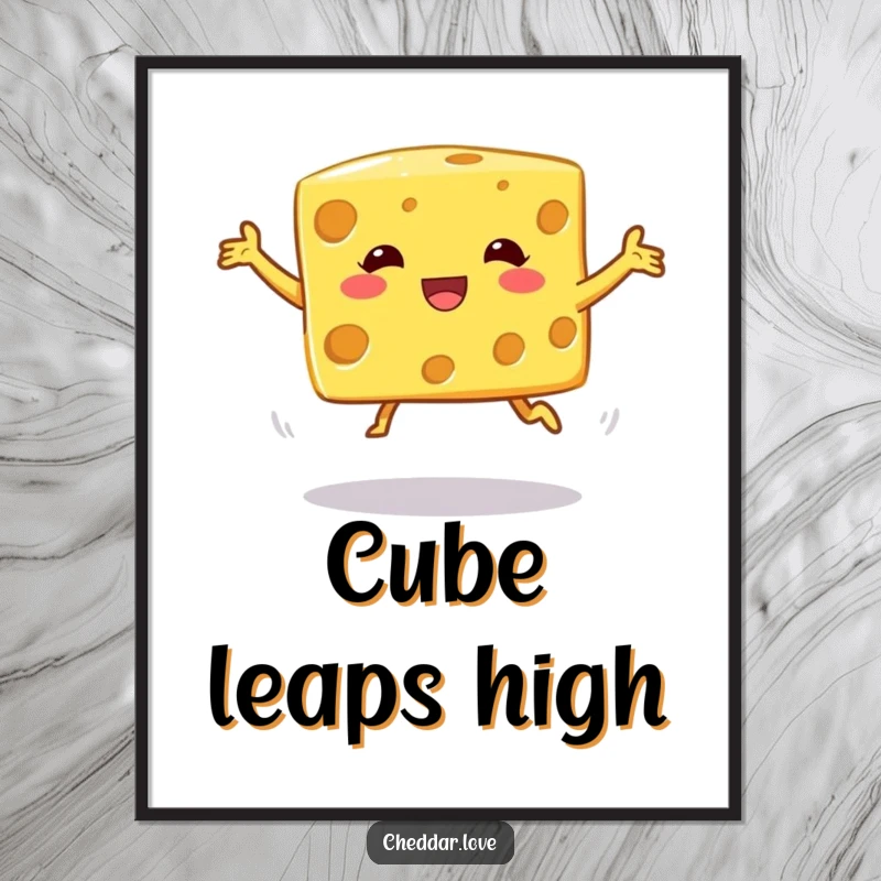 Funny Digital Art: A cheese cube in a comical, wobbly jump, a fun and humorous piece for decor.