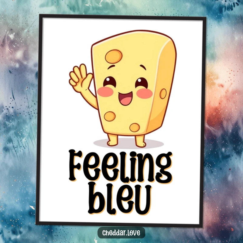 Funny cheese character cheering with a raised hand, depicted in a humorous digital art print, a great funny gift.