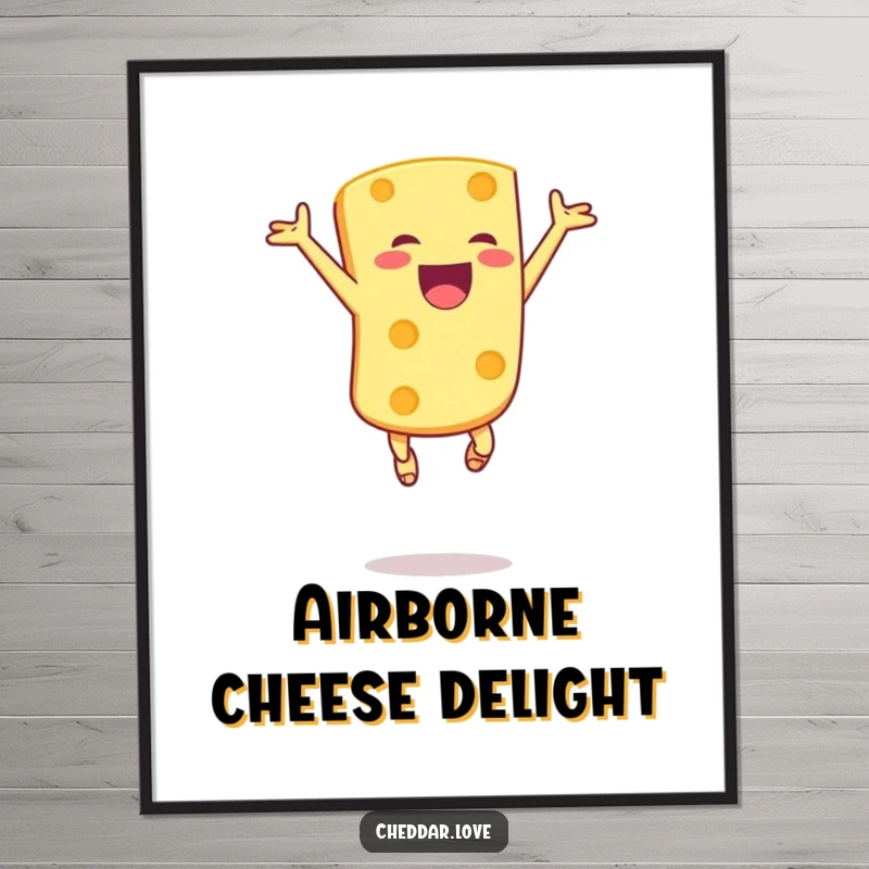 Funny digital art print of a joyful cheese chunk leaping in the air with sheer excitement, celebrating cheesy happiness.