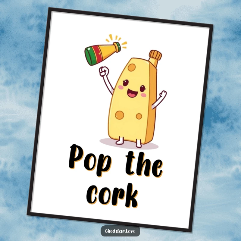 Funny Digital Art Print of a slice of cheese gleefully toasting with a mini champagne bottle, embodying celebration.