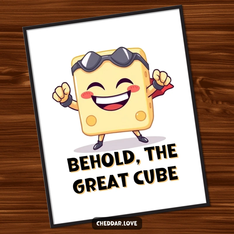 Funny cheese cube superhero digital art print, vibrant colors, grinning heroically, ready to inspire cheesy greatness.