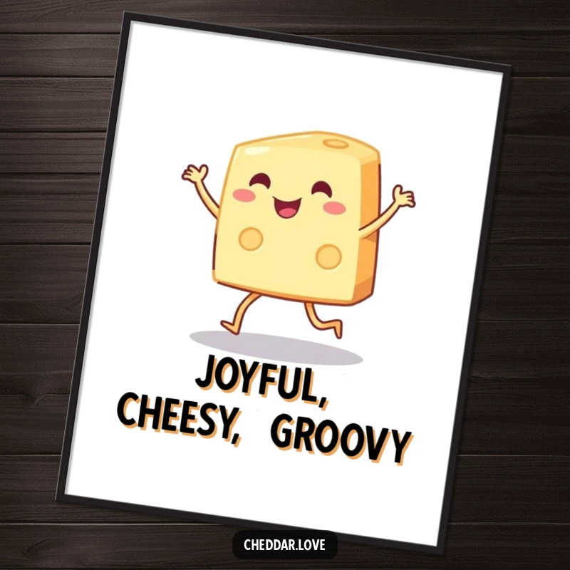 Funny wedge of cheese dancing joyfully on printable digital art, perfect for a funny gift.