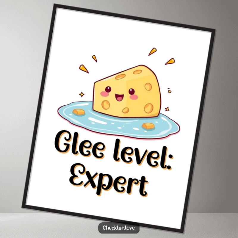 Funny digital art print of a cheese wedge comically diving into a pool of glee, full of humorous energy.