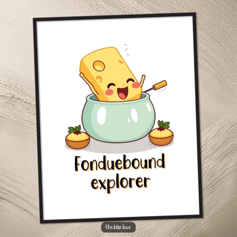Funny digital art print of a cheese slice leaping into fondue, perfect for instant wall decor and cheesy smiles.
