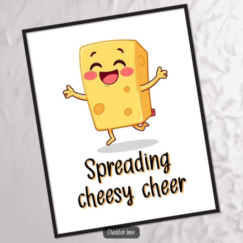 Funny cheddar cheese digital art, a block of grinning cheese doing a joyful jig, ready to print and bring smiles.