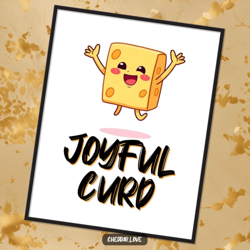 Funny smiley block of cheddar cheese doing a joyful jump, humorous digital art celebrating food and fun.