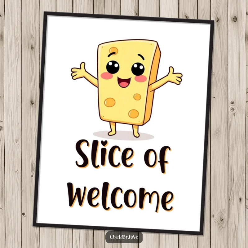 Funny Digital Art: A smiling cheese slice with arms outstretched, a friendly and humorous piece for decor.