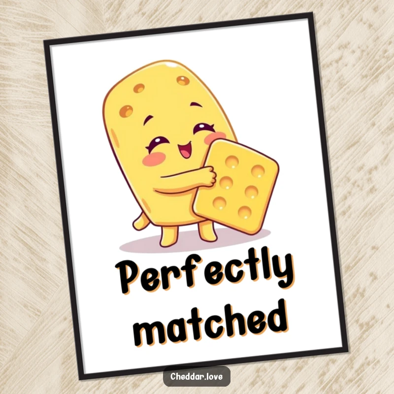 Funny Digital Art Print of a cheese character giving a big, warm, cheesy hug to a cracker, symbolizing love.