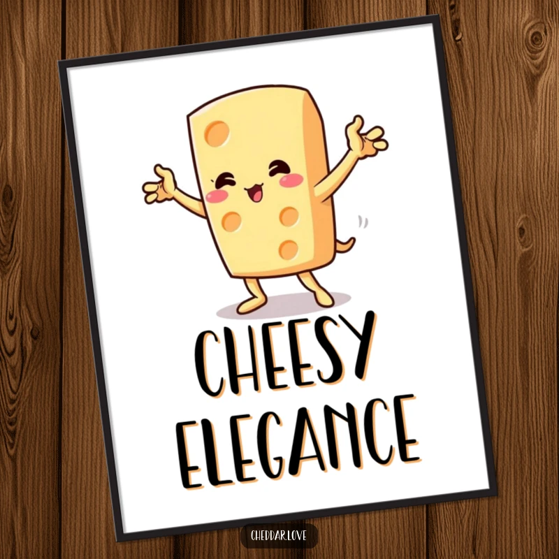 Funny cheese wedge performing a dramatic pose with flourish, a digital art print for instant decor.