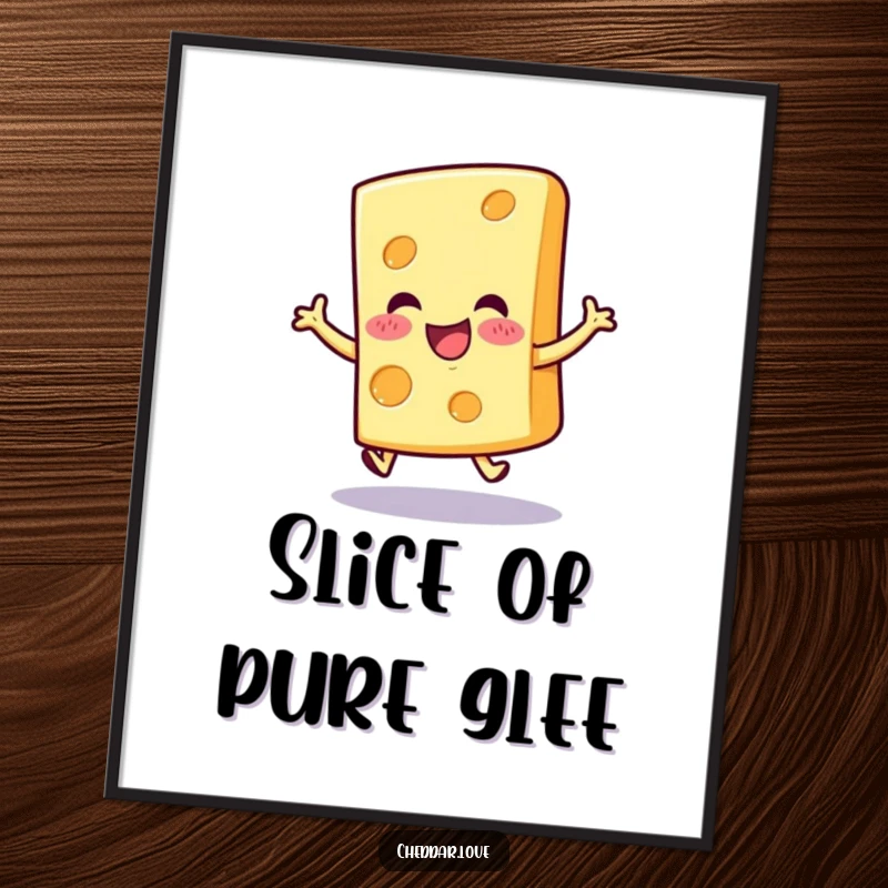 Funny cheerful cheese slice digital art print, captured mid-hop with pure excitement, bringing vibrant happiness.