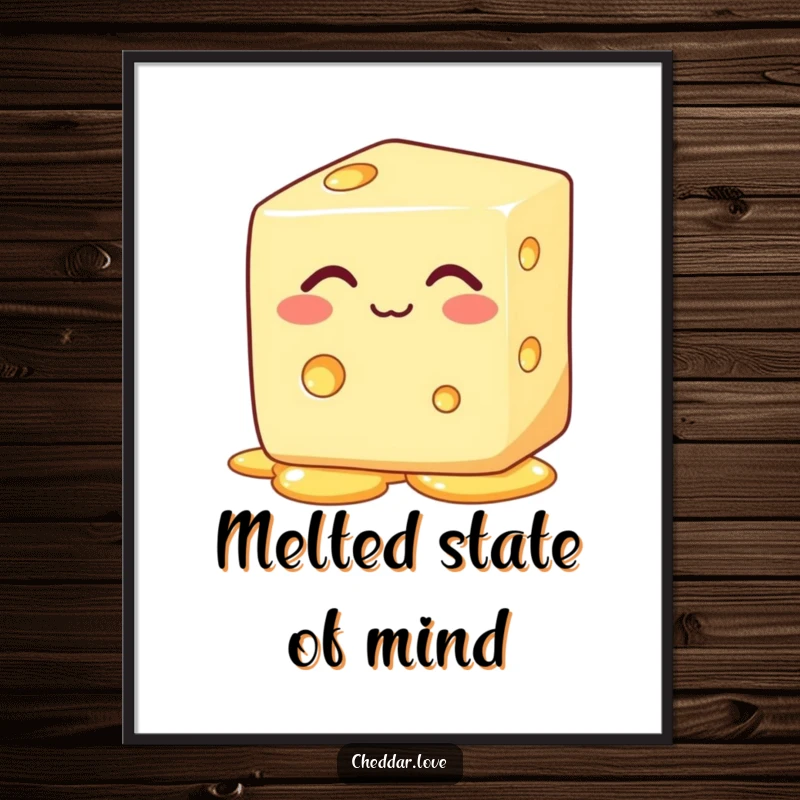 Funny block of cheese with eyes closed, happily melting, on a humorous cheese digital art print.