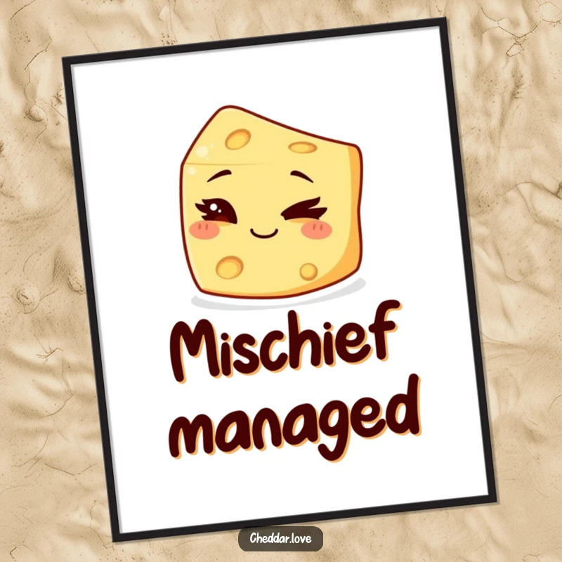 Funny Digital Art Print of a small chunk of cheese winking with a mischievous grin, exuding playful naughtiness.