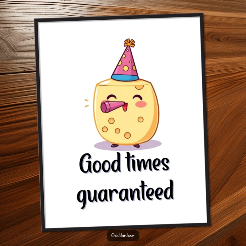 Funny digital art print of a cheese wheel in party gear, blowing a noisemaker. An immediate funny gift.