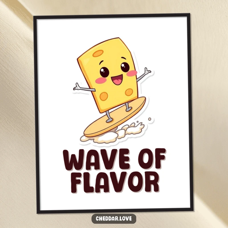 Funny Digital Art Print: A smiling cheese wedge surfs dynamically on a potato chip, ready to be printed and displayed.