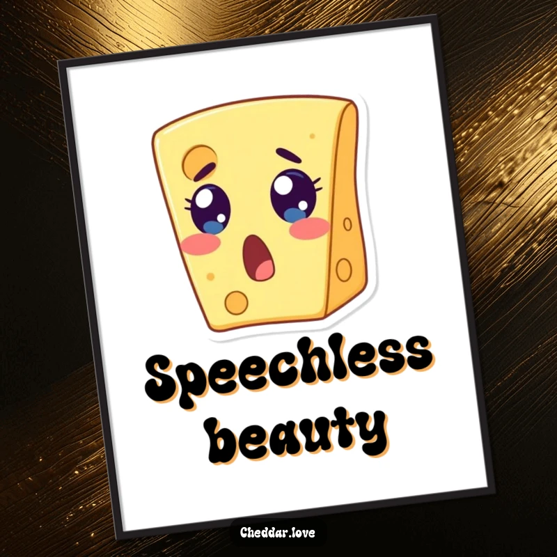 Funny digital art print of a cheese slice with wide eyes and an open mouth, showing surprise. An immediate funny gift.